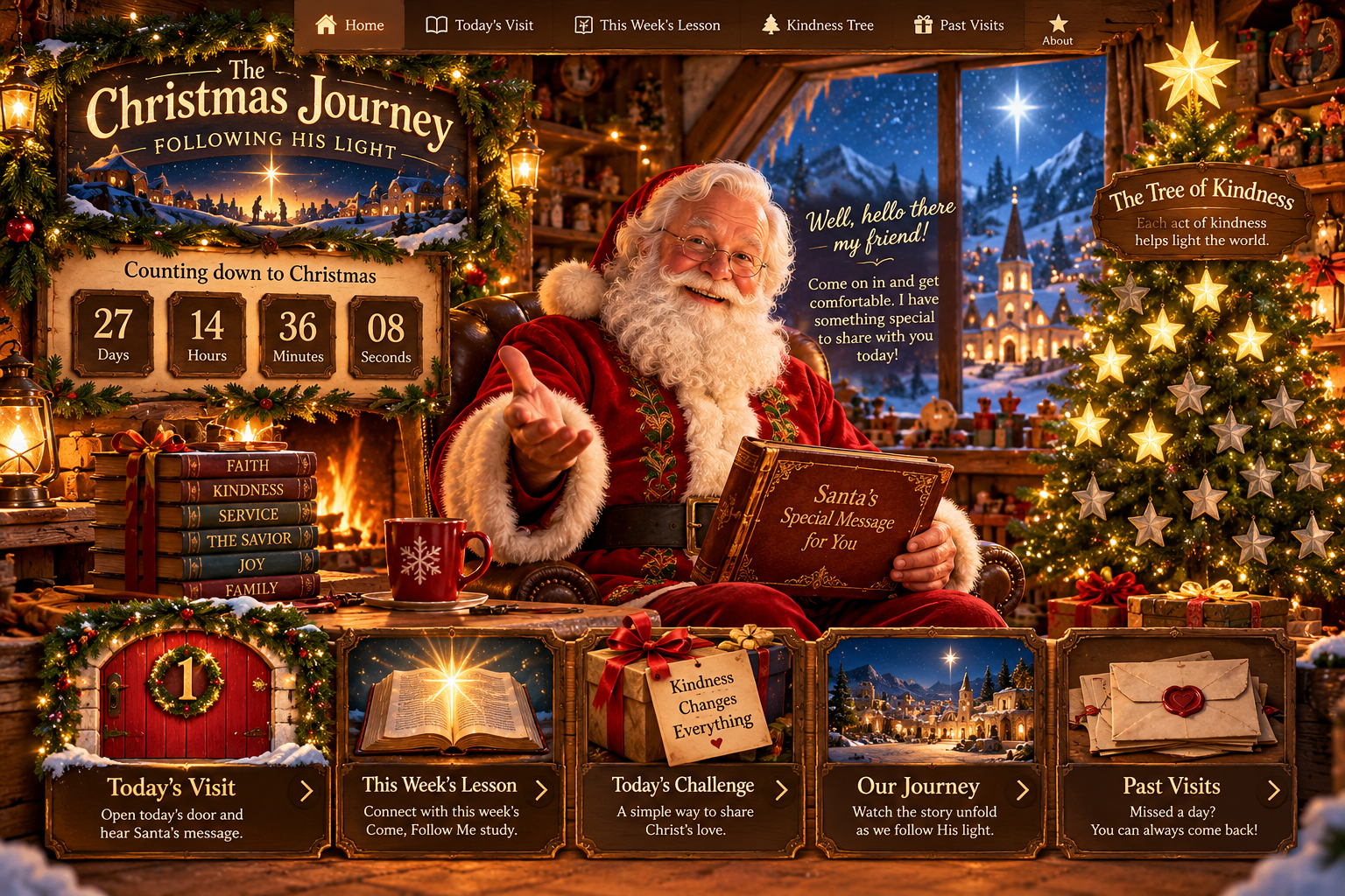 Santa welcomes visitors in his cozy Christmas workshop. A brilliant star shines beyond the snowy window.